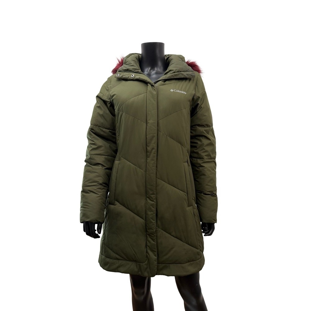 Columbia Women's Medium Green Long Puffer Coat Faux Fur Hood Omni-Shield Winter - Picture 3 of 13